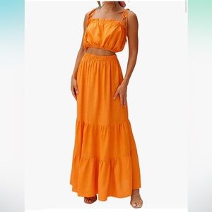 Women's Dress Ruffle Camisole Crop Top High Waist Elastic Long Skirt Set size sm